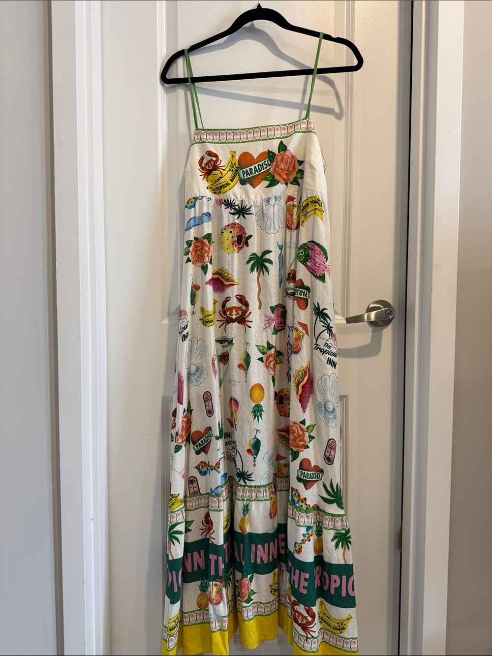 Rachel Zoe White Maxi Dress with Tropical Multicolor Print and Green Trim